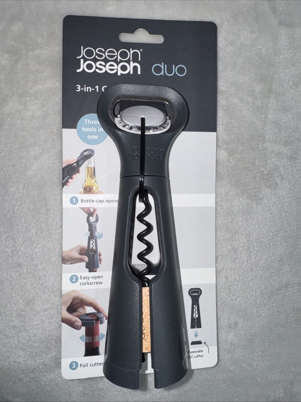 Joseph Joseph Duo Wine Opener 3-in-1 Corkscrew Bottle-Cap Opener Foil Cutter NEW